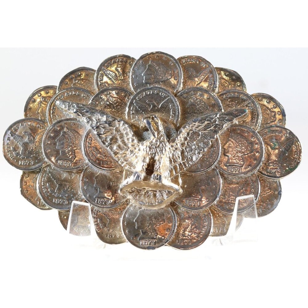 Belt Buckle Eagle with 1873 Dimes Style Gold Tone Metal Buckle Gold Color